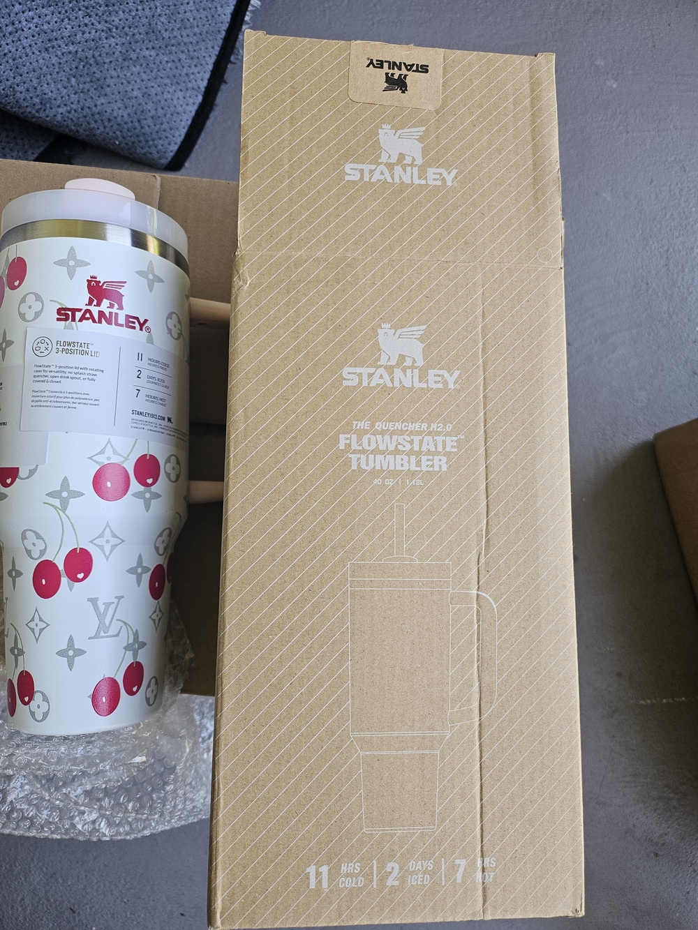 Stanley White Travel Mug with Pink Cherry Print and Pink Handle - Picture 3 of 6